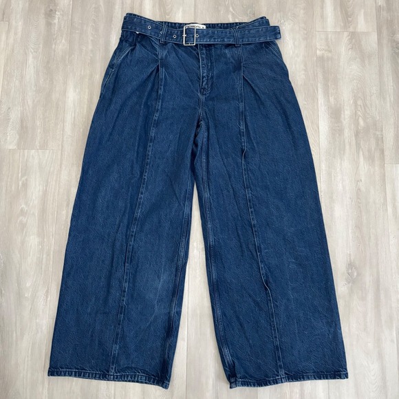 Abercrombie & Fitch Denim - Abercrombie & Fitch High Rise Wide Leg Belted Pleated Jeans Dark Wash Denim 32